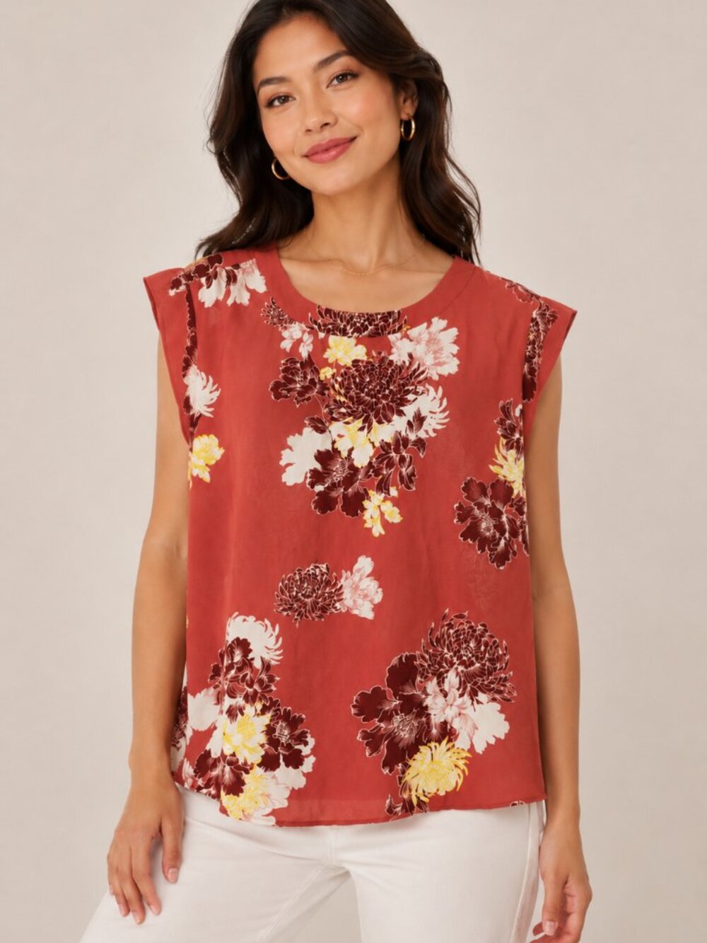 Ann Taylor Factory Floral Short Rolled Sleeve Blouse Brick Red Size M NWT